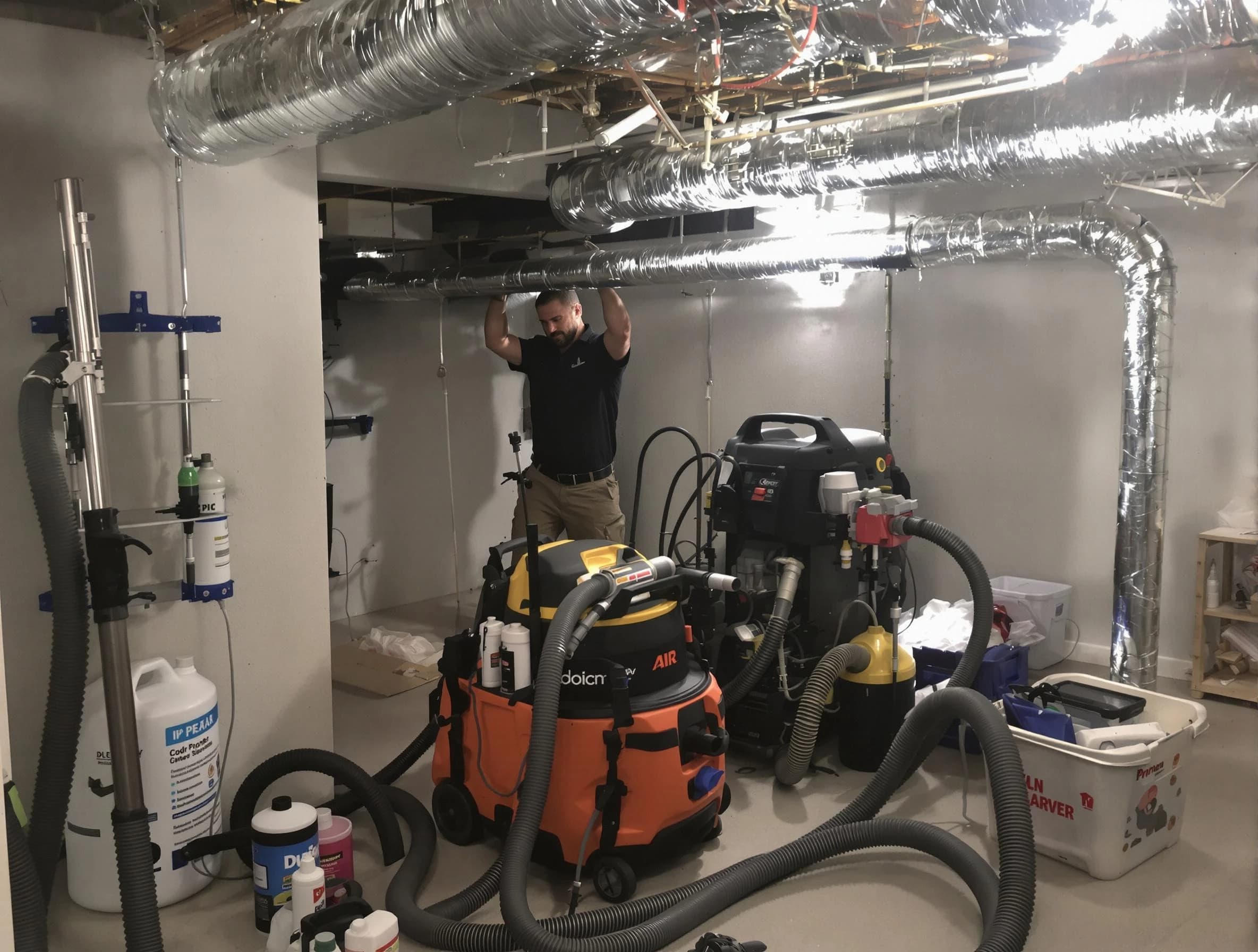 Woonsocket Air Duct Cleaning specialist performing professional mold removal from air ducts using safety equipment in Woonsocket