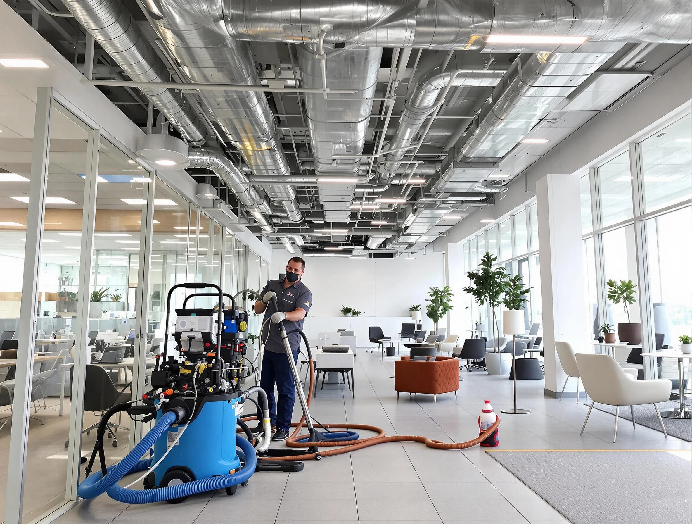 Woonsocket Air Duct Cleaning team conducting comprehensive commercial duct cleaning at a business location in Woonsocket