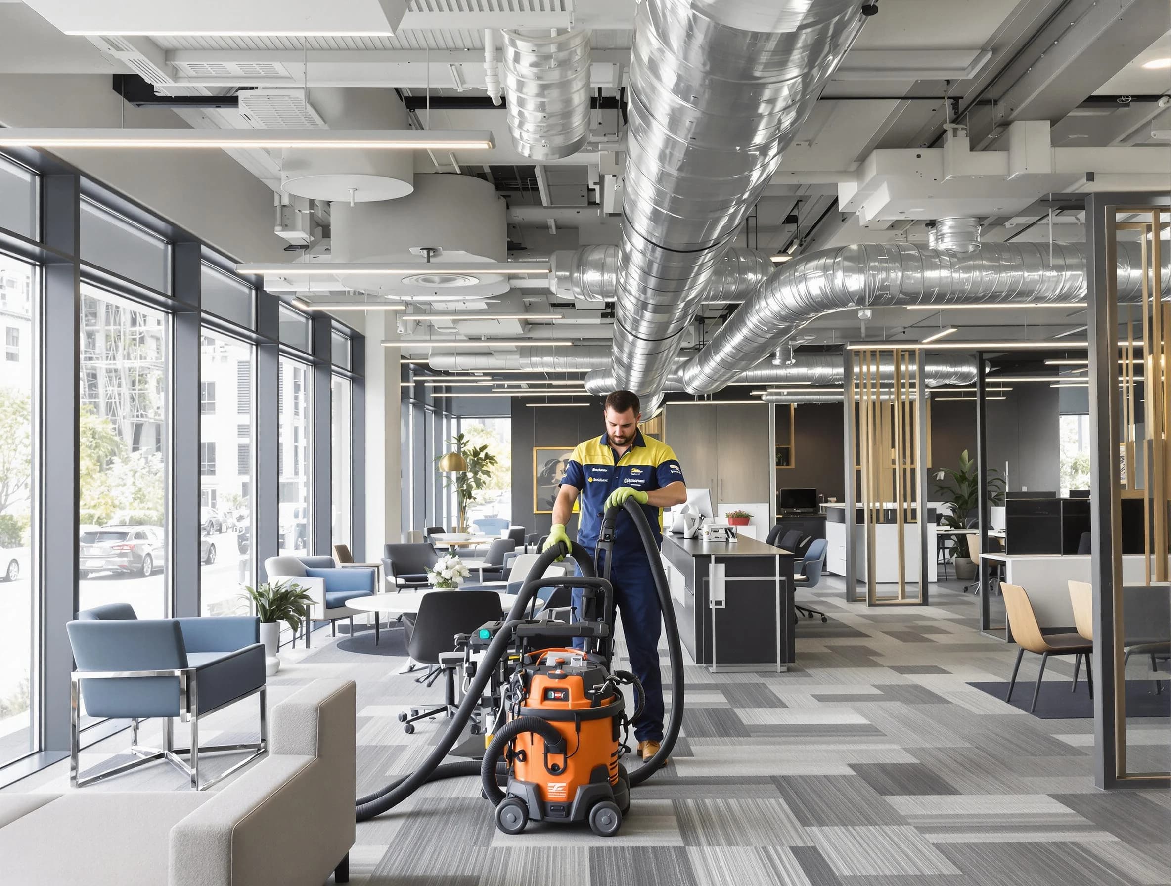 Woonsocket Air Duct Cleaning team performing thorough commercial duct cleaning at a Woonsocket business center